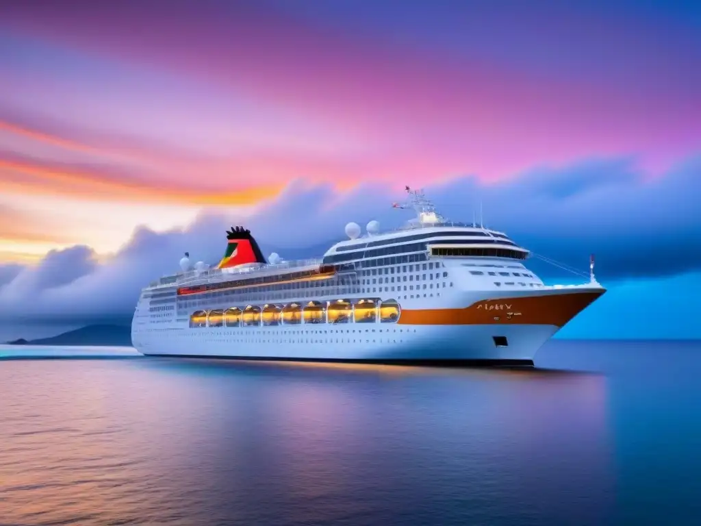 Un majestuoso crucero de lujo navegando al atardecer en aguas cristalinas, bajo un cielo anaranjado y rosado vibrante