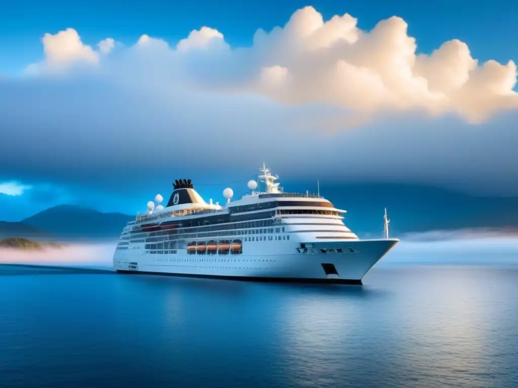 Majestuoso crucero de lujo blanco navegando en aguas cristalinas bajo cielo azul despejado