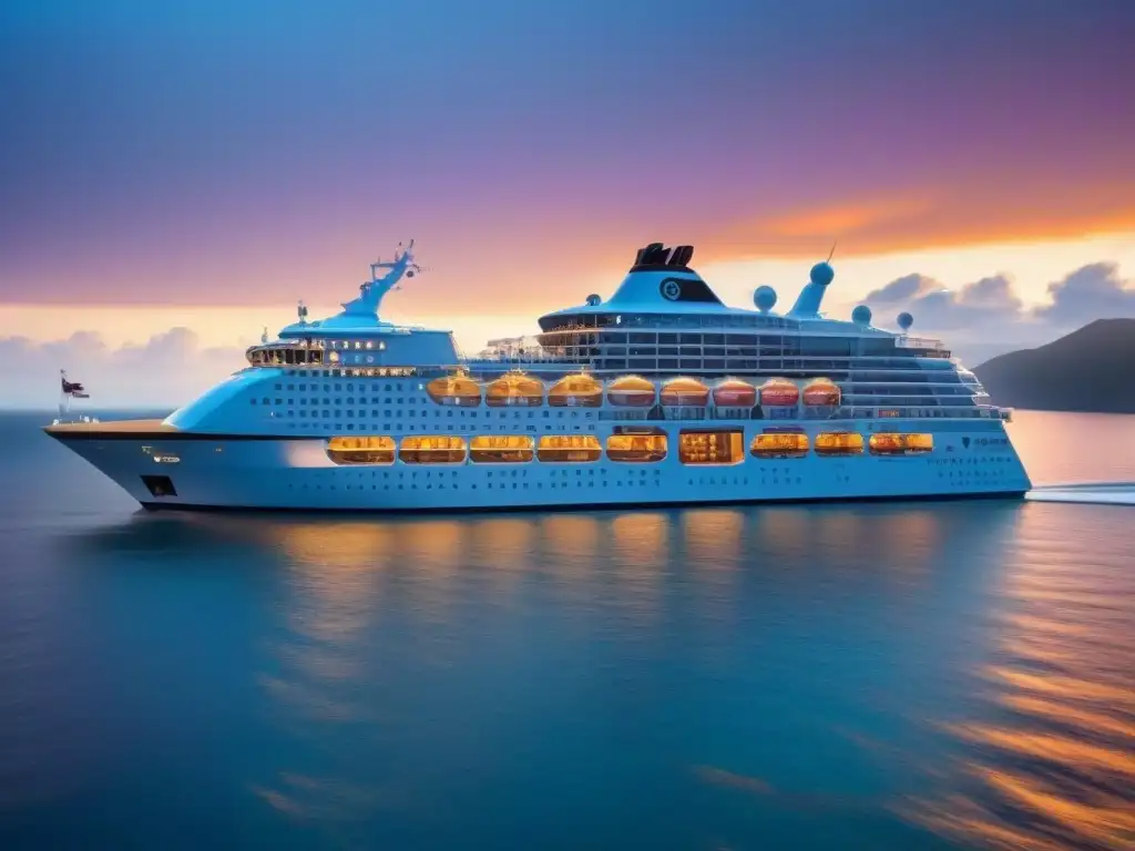 Un majestuoso crucero de lujo en cómics navegando al atardecer por aguas tranquilas