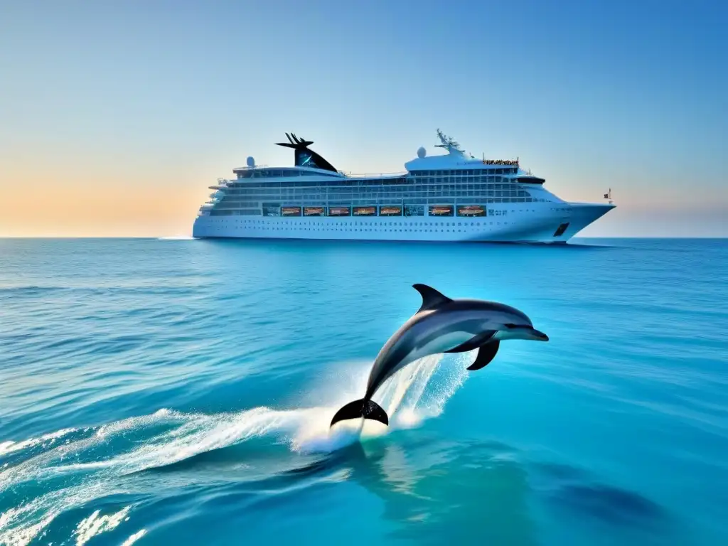 Un majestuoso crucero de lujo y delfines saltando en aguas turquesas, representando actividades ecológicas en cruceros de lujo