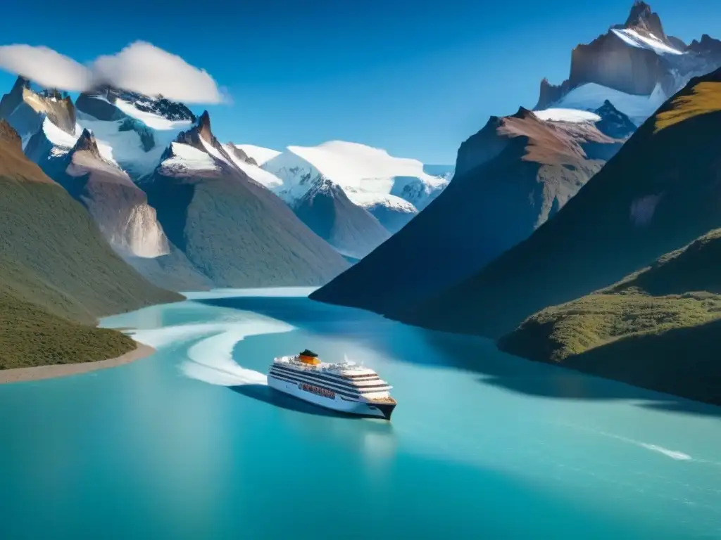 Un majestuoso crucero de lujo navegando entre glaciares y montañas nevadas en Patagonia