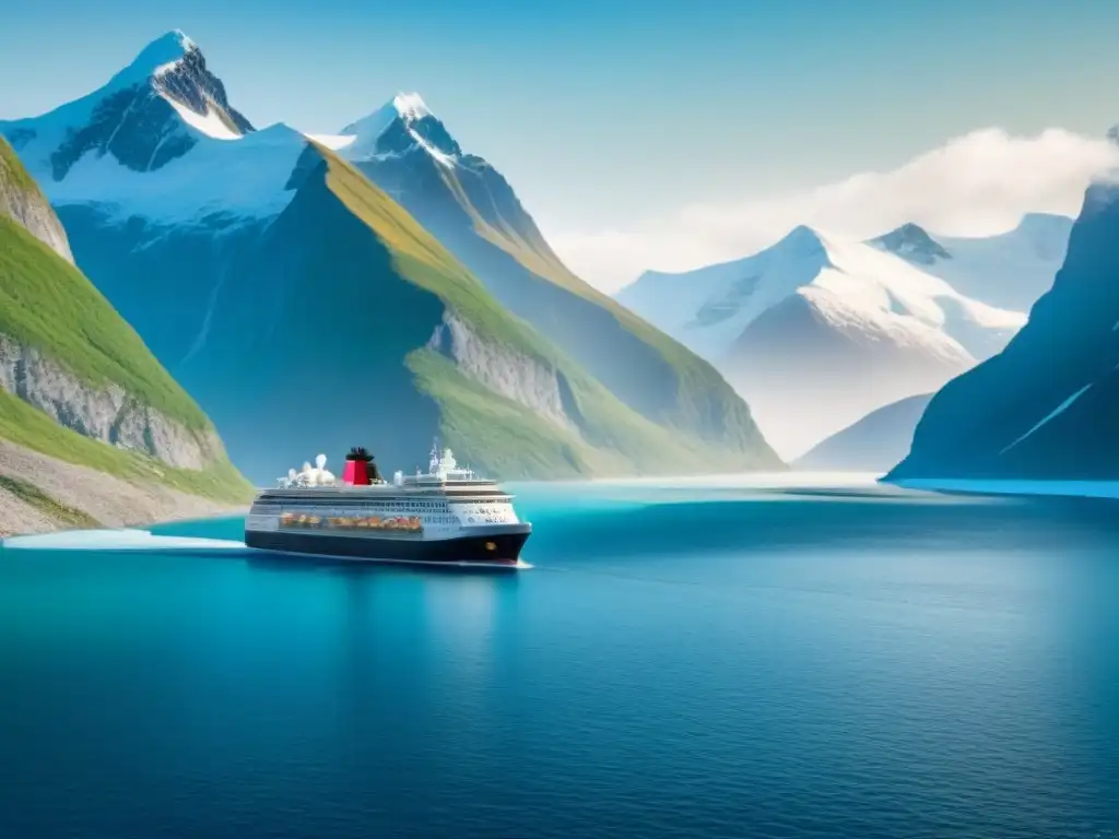 Un majestuoso crucero de lujo en polos navegando entre montañas nevadas bajo un cielo azul claro