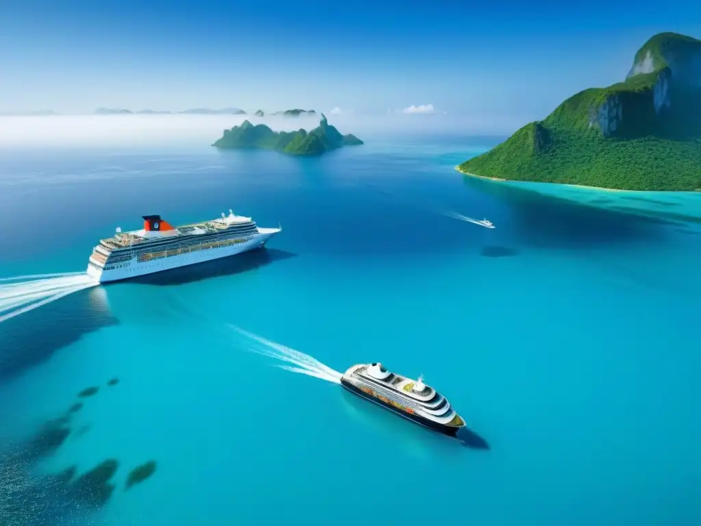 Un majestuoso crucero moderno navegando en aguas turquesas, rodeado de islas tropicales y peces coloridos