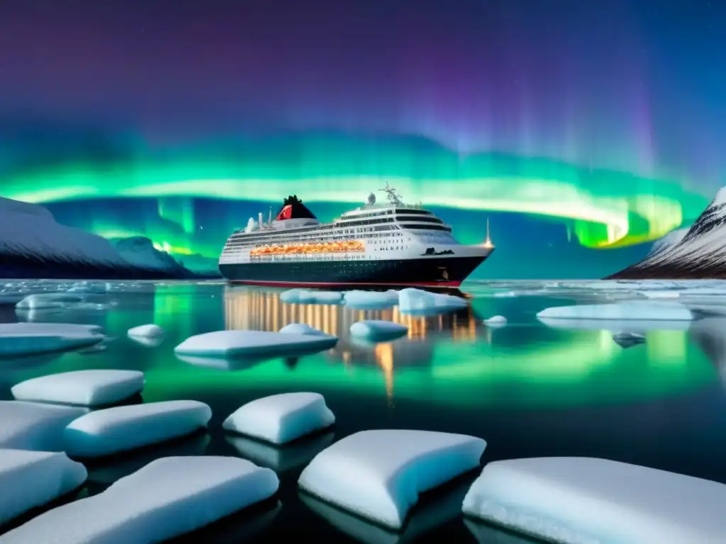 Un majestuoso crucero moderno surcando aguas árticas bajo la aurora boreal con montañas nevadas al fondo