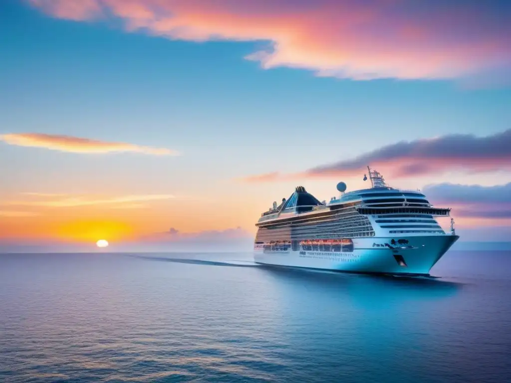 Un majestuoso crucero de Princess Cruises navegando en aguas turquesas al atardecer, evocando elegancia y tranquilidad