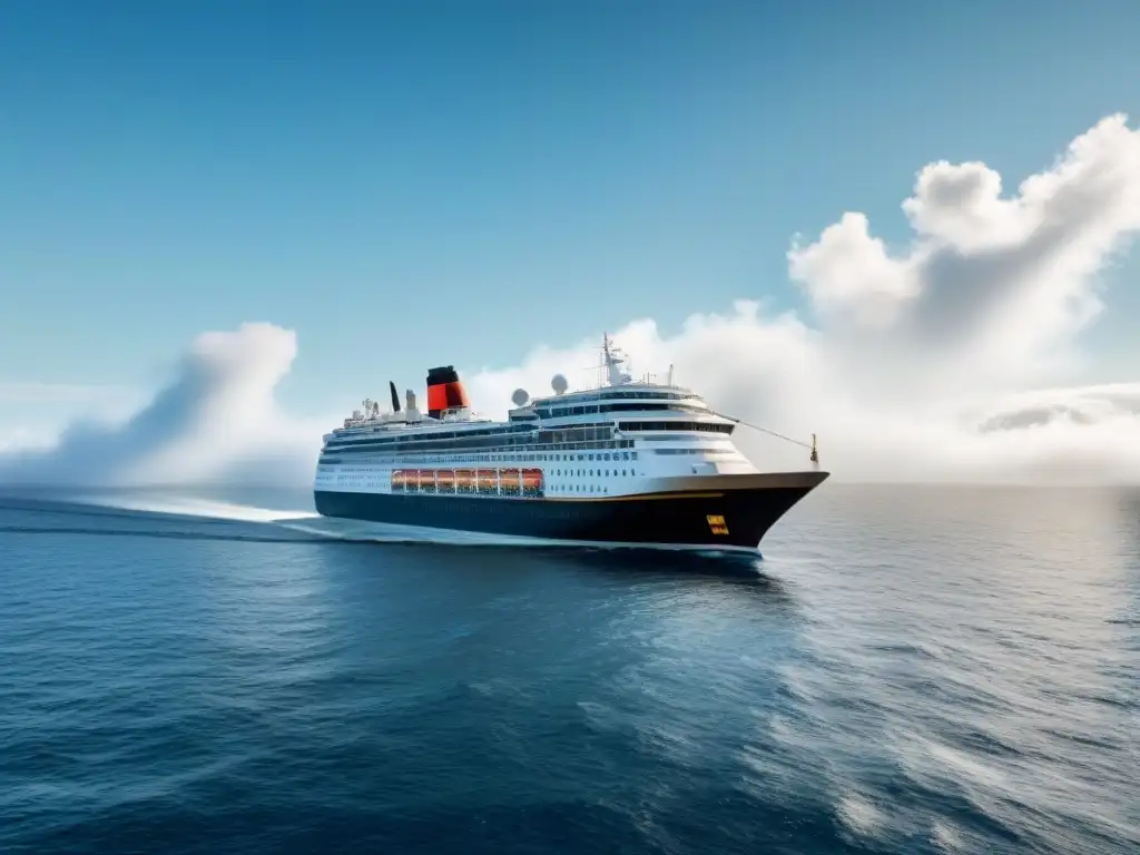 Un majestuoso crucero surca el profundo mar azul bajo un cielo lleno de nubes blancas esponjosas