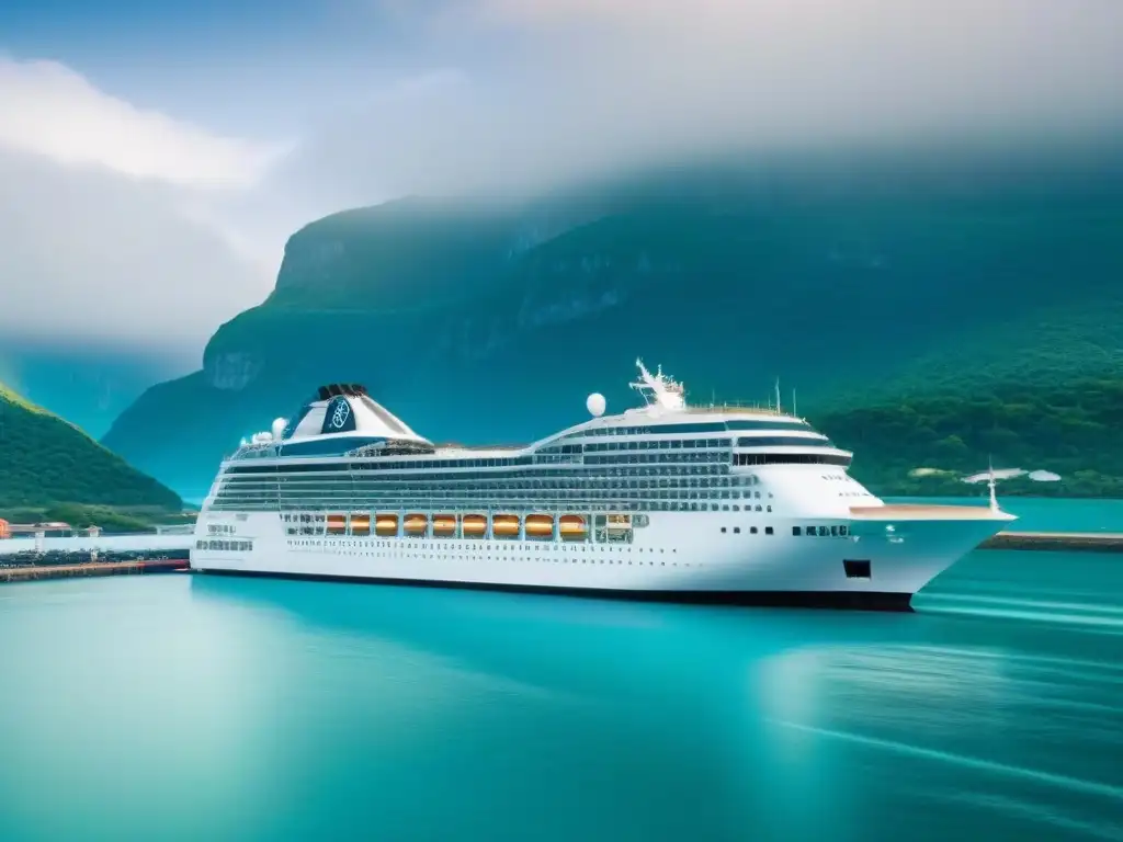 Un majestuoso crucero en el puerto, reflejando la luz en aguas azules, rodeado de vegetación