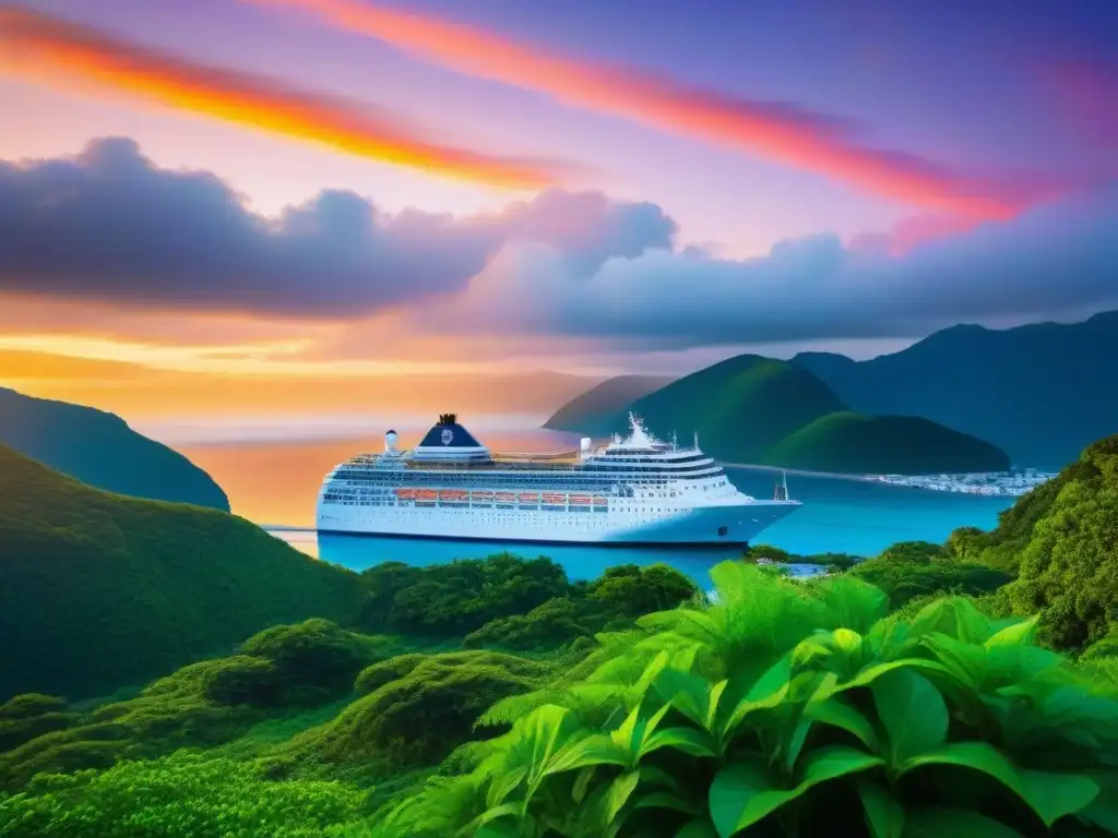 Un majestuoso crucero en un puerto sereno al atardecer, reflejando las excursiones en tierra para cruceros