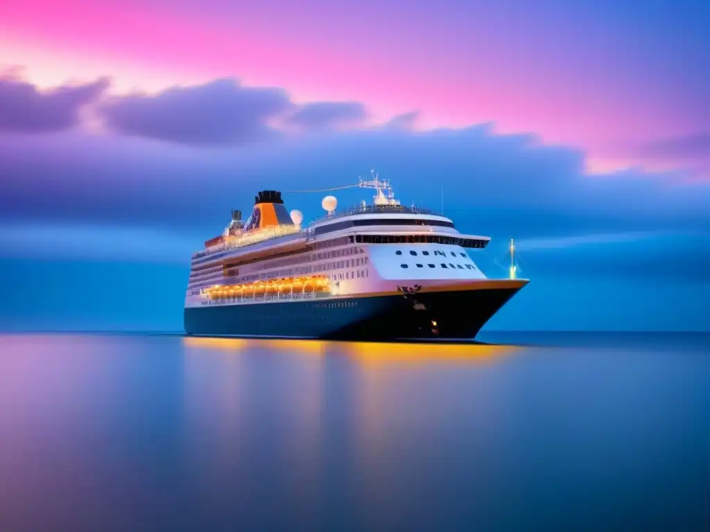 Majestuoso crucero en silueta, contrastando con un horizonte dorado al atardecer en el mar