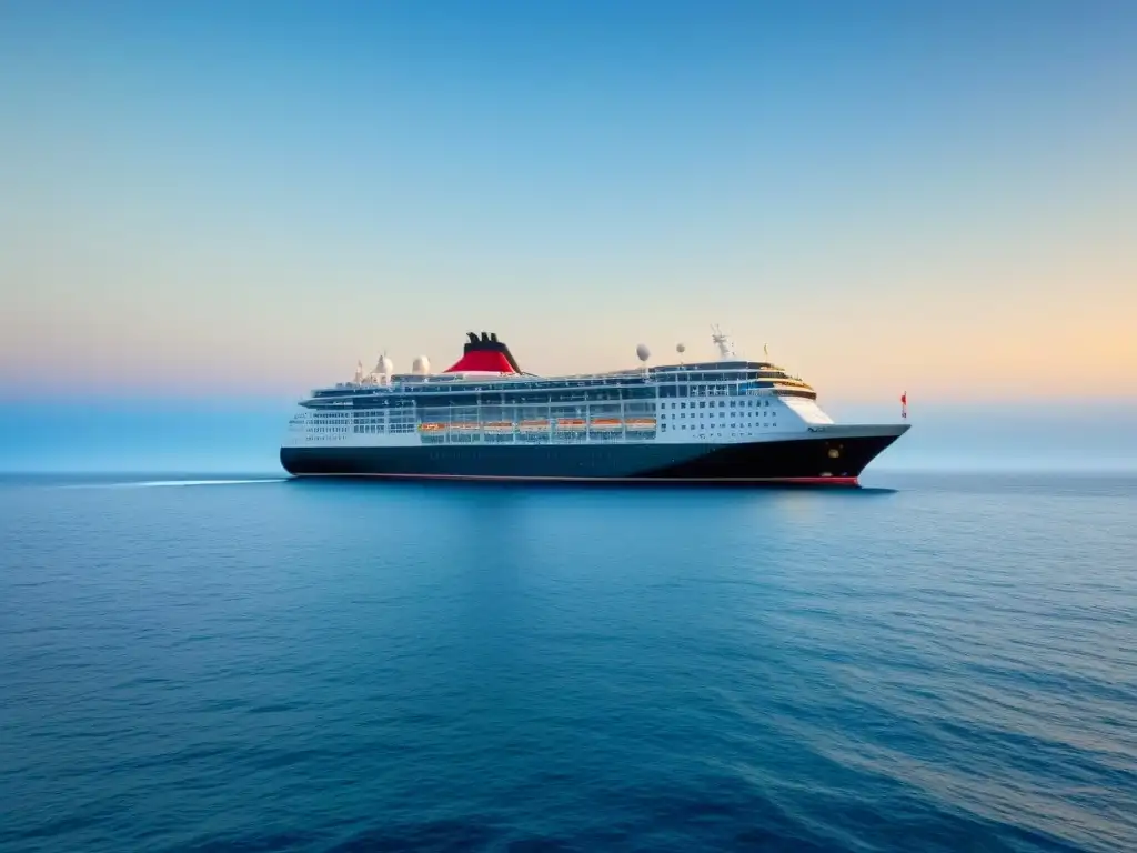 Un majestuoso crucero temático música mar navegando serenamente en aguas tranquilas y relucientes bajo un cielo azul claro