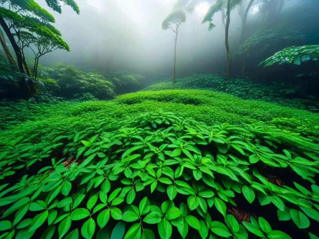 Bosque tropical desde arriba: serenidad verde y azul Un majestuoso dosel de selva tropical verde exuberante visto desde arriba, iluminado por el sol y creando un patrón moteado en el suelo del bosque