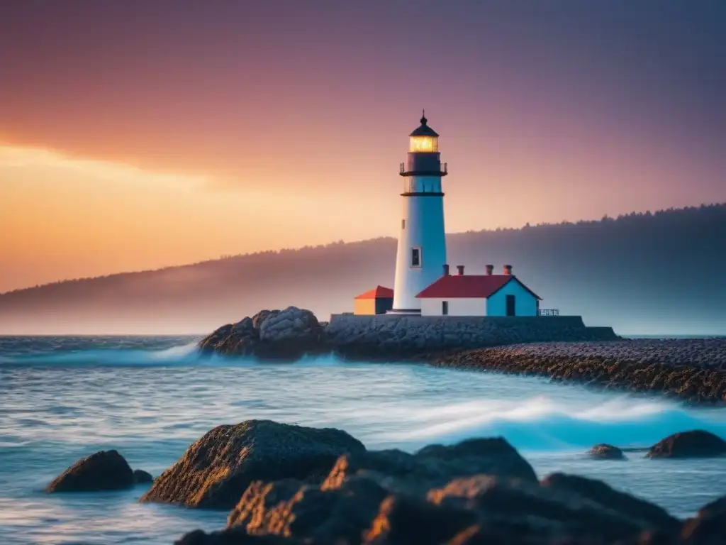 Un majestuoso faro histórico iluminando un atardecer marino, rodeado de veleros