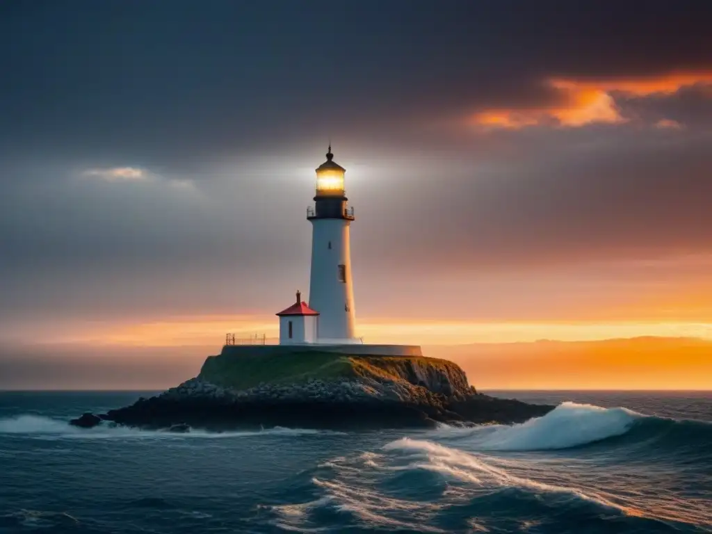 Un majestuoso faro solitario iluminando la noche en el mar, símbolo de esperanza y seguridad para la historia marítima