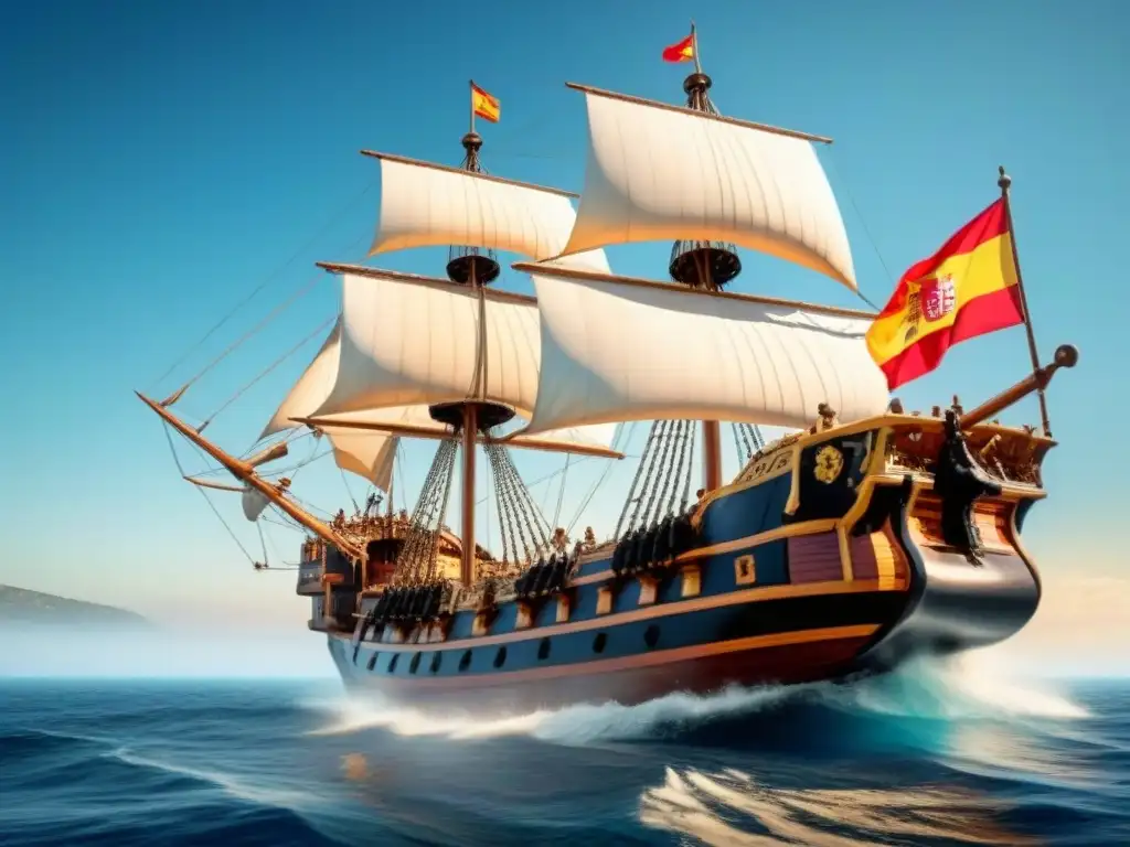 Un majestuoso galeón español surca el mar en una escena de historia, comercio y aventura