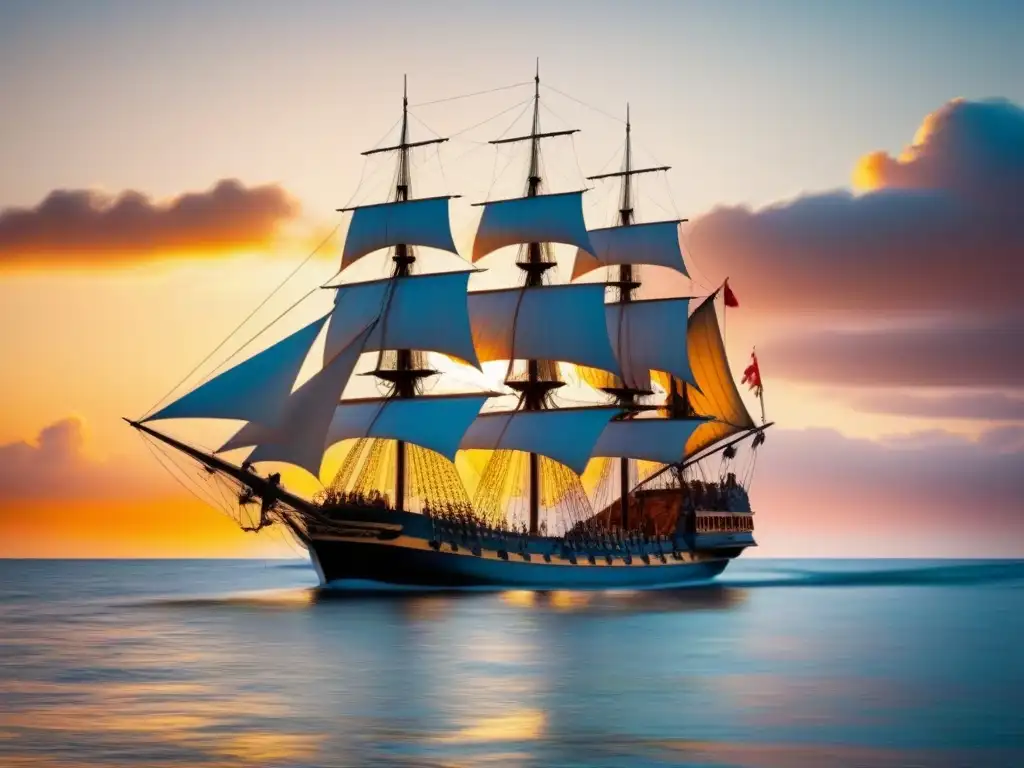 Un majestuoso galeón del siglo XVI navega en un mar tranquilo al atardecer