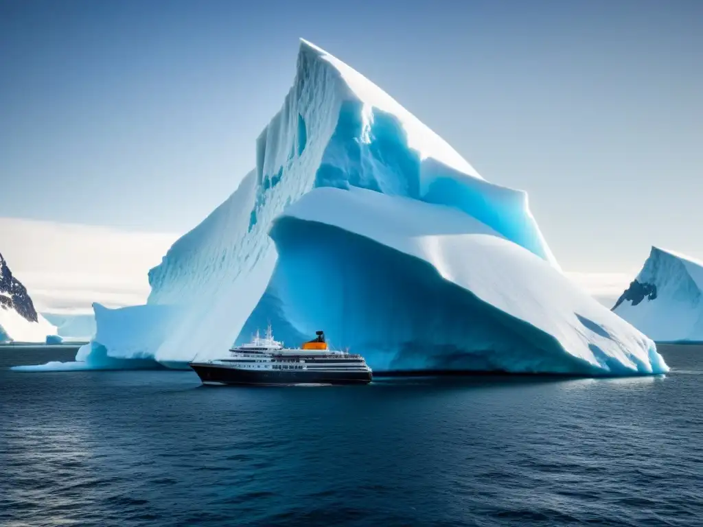 Un majestuoso iceberg polar sobresale sobre un crucero de exploración, destacando la grandeza del paisaje helado