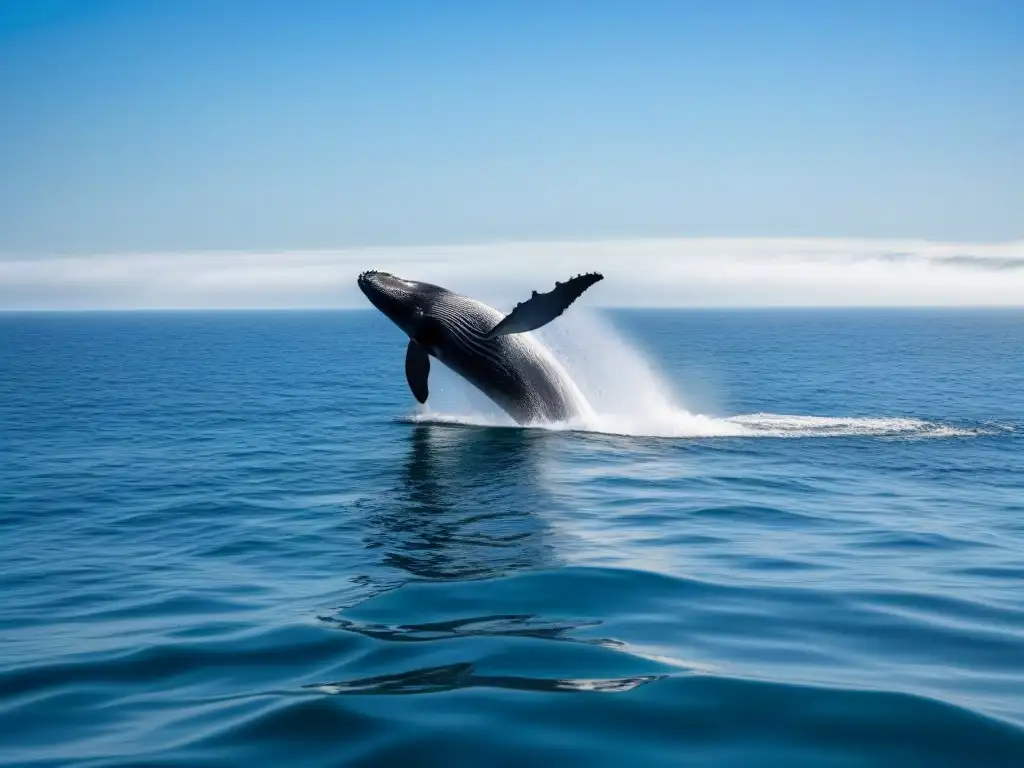 Un majestuoso océano bajo un cielo azul, con una ballena grácil saltando en la distancia, simbolizando la belleza y fragilidad de la vida marina impactada por el cambio climático