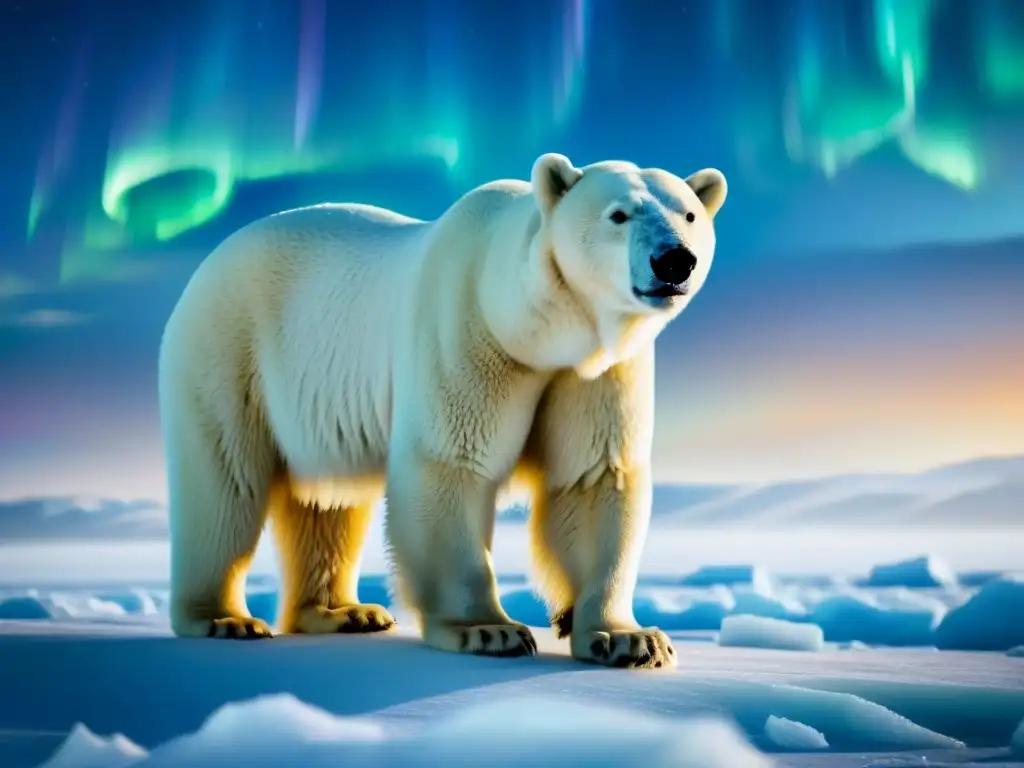 Un majestuoso oso polar en el Ártico, con su pelaje brillante bajo las luces del norte