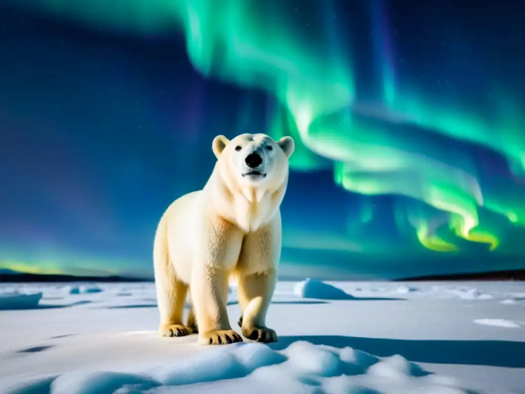 Un majestuoso oso polar en un paisaje helado bajo las auroras boreales