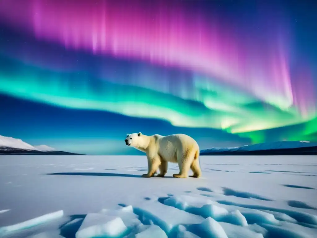 Un majestuoso oso polar solitario en un campo de hielo bajo el cielo ártico rosa, con la aurora boreal brillando