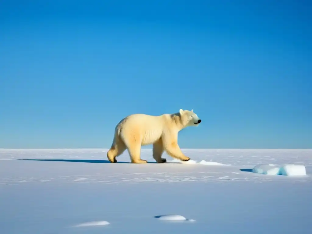 Un majestuoso oso polar solitario se prepara para un crucero polar extremo en un paisaje helado y vasto bajo un cielo azul despejado