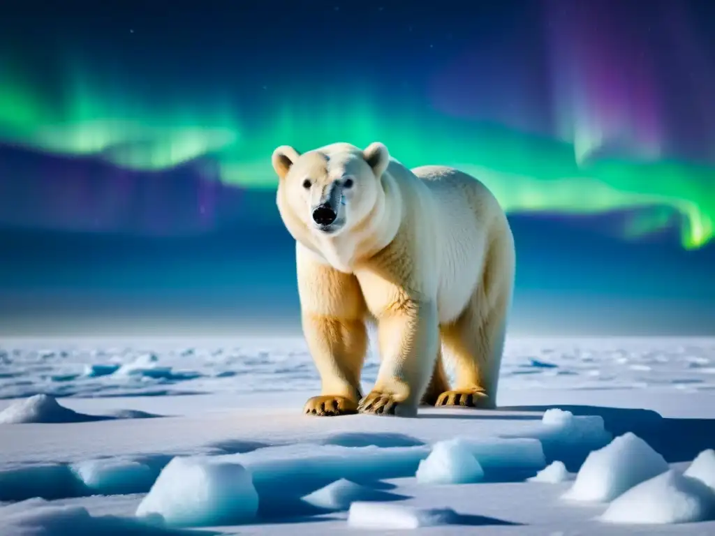 Un majestuoso oso polar en la tundra ártica bajo la aurora boreal