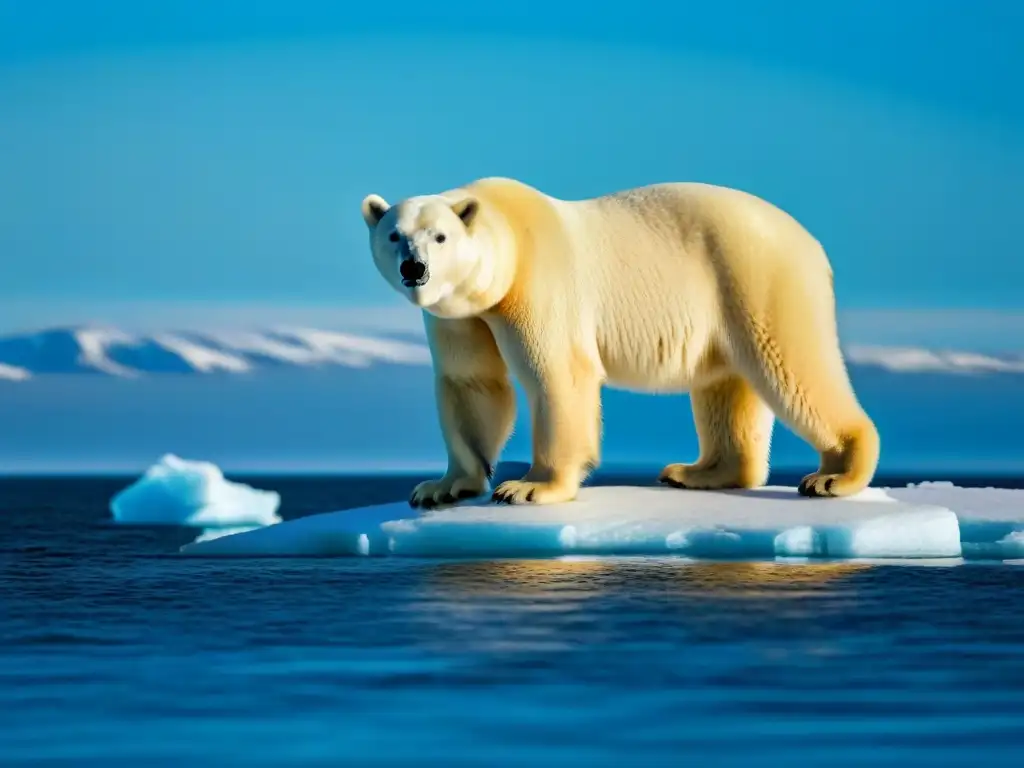 Un majestuoso oso polar en un vasto iceberg ártico bajo cielo azul