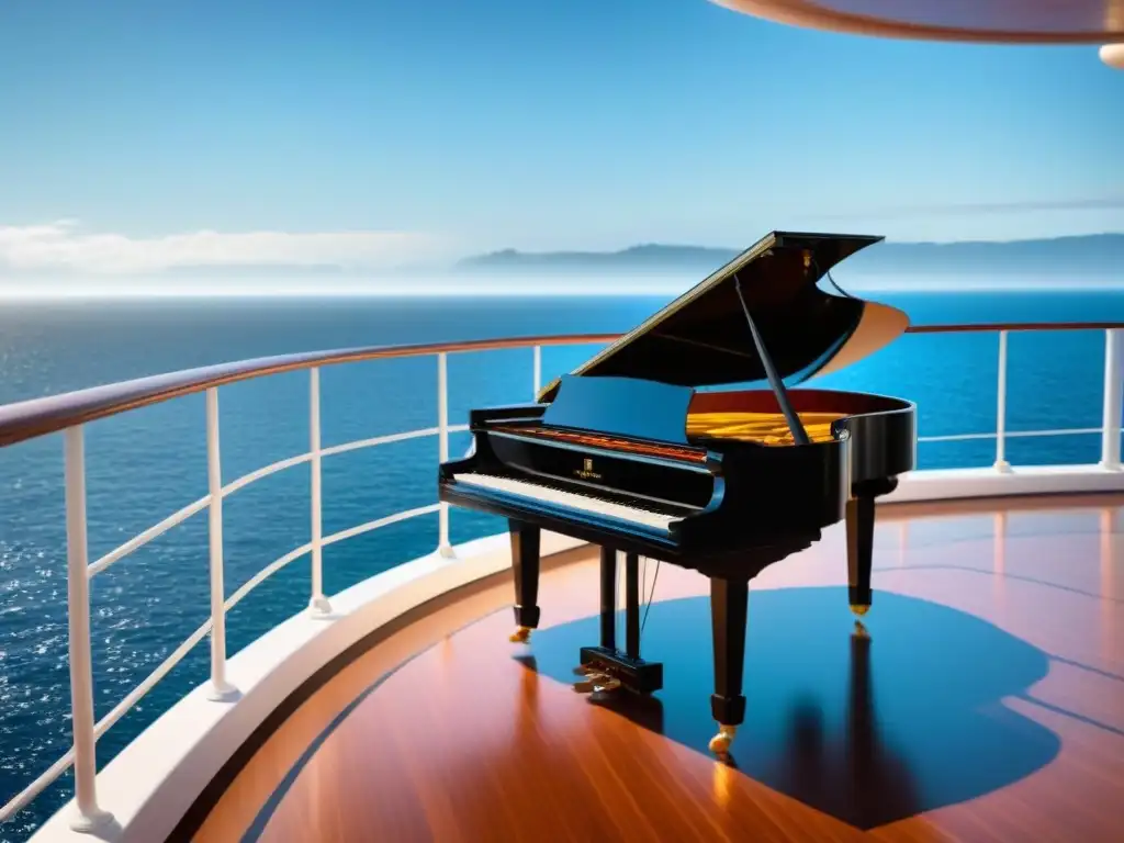 Un majestuoso piano negro en la cubierta de un lujoso crucero, con el mar de fondo, creando una atmósfera de experiencias musicales crucero marítimo