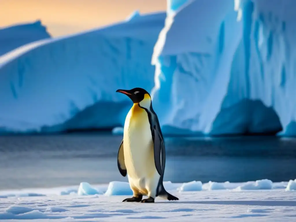 Un majestuoso pingüino Emperador en la vasta Antártida bajo el sol de medianoche