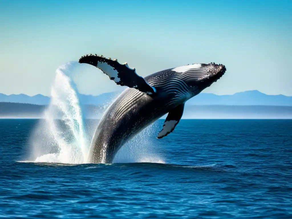 Un majestuoso salto de ballena jorobada en el mar, evocando tranquilidad y admiración por la naturaleza