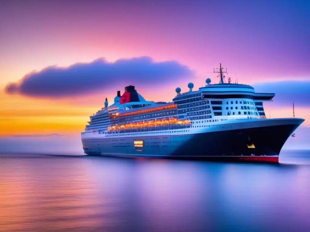 Un majestuoso transatlántico de la icónica historia Cunard Line navegando con elegancia en un mar sereno al atardecer