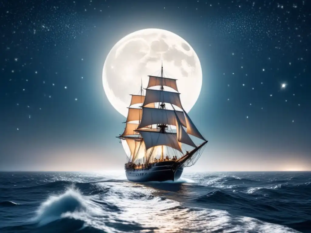 Un majestuoso velero navegando bajo un cielo estrellado con la luna llena