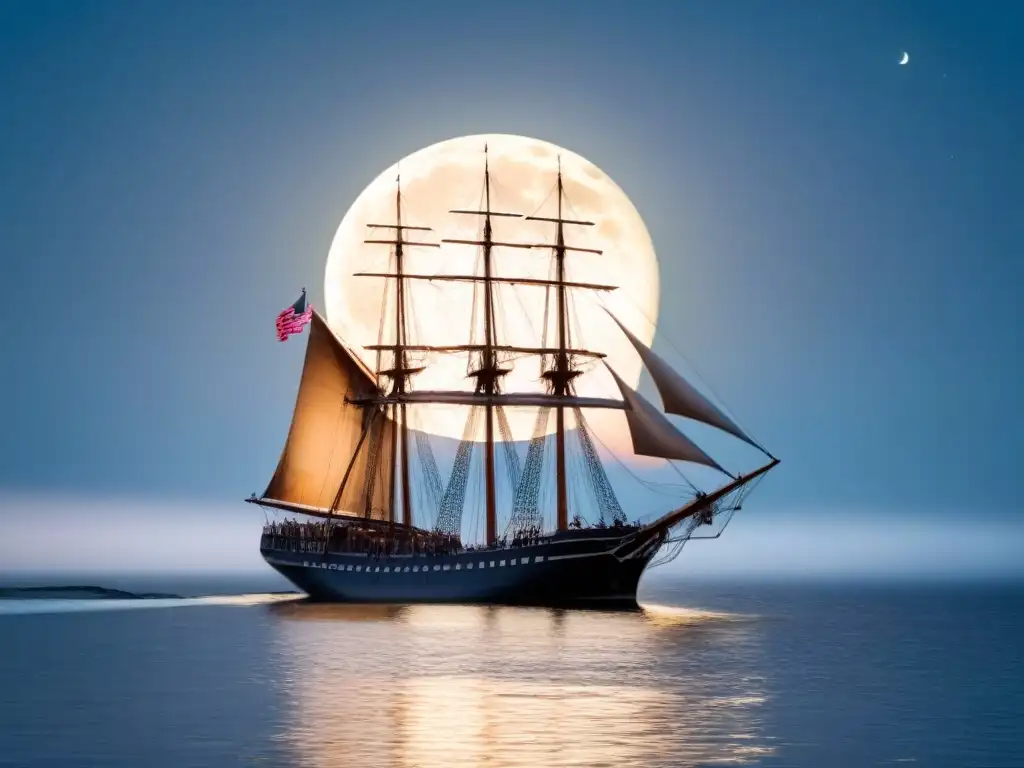 Un majestuoso velero histórico navegando bajo la luna llena en aguas tranquilas