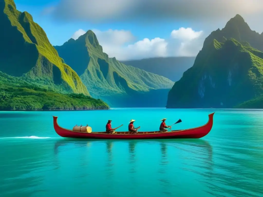 Un majestuoso velero polinesio navegando por aguas turquesas con montañas verdes al fondo, bajo un cálido atardecer