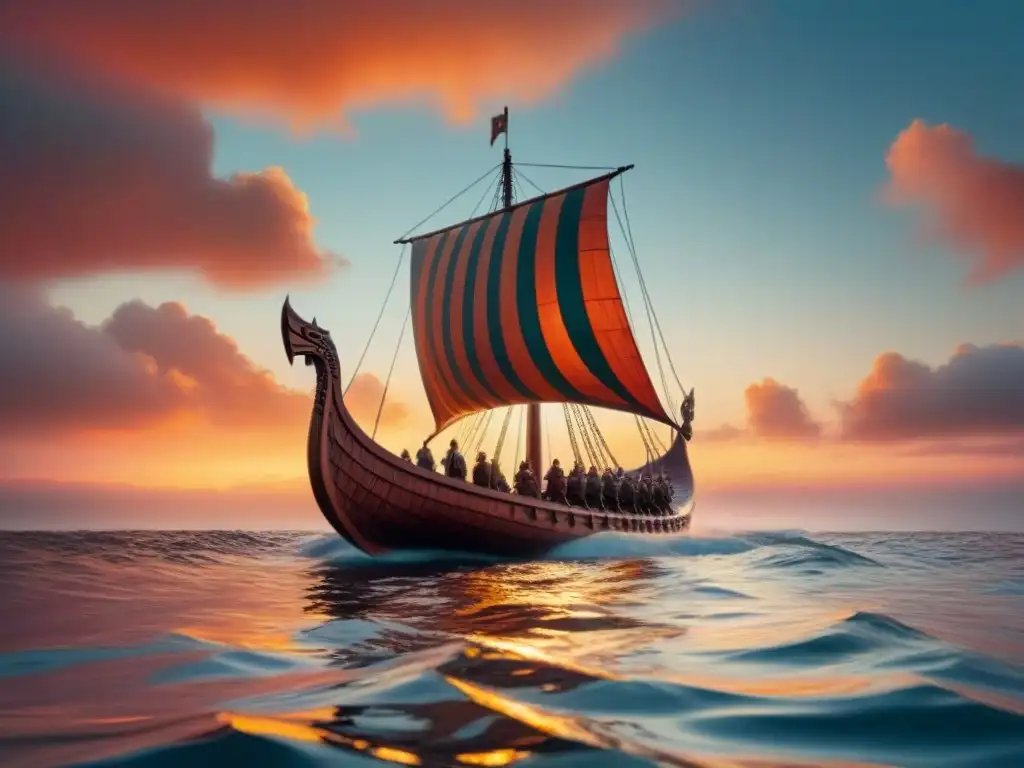 Un majestuoso drakkar vikingo navega en aguas cristalinas al atardecer, iluminado por la cálida luz dorada