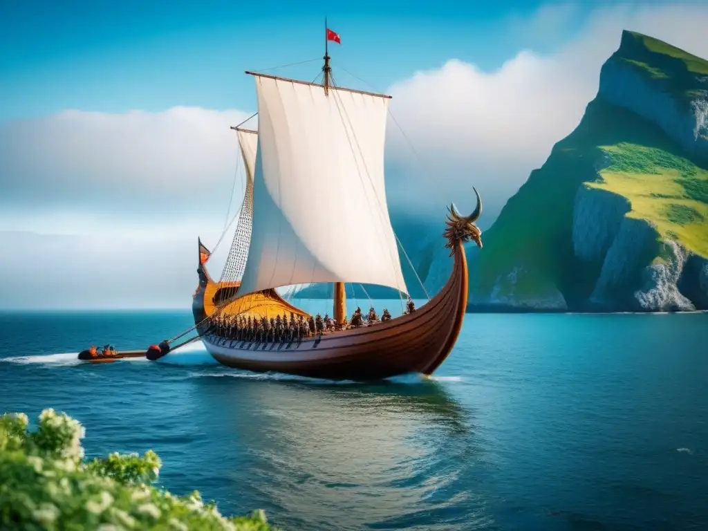 Un majestuoso drakkar vikingo navega en aguas tranquilas, con su proa de dragón en primer plano