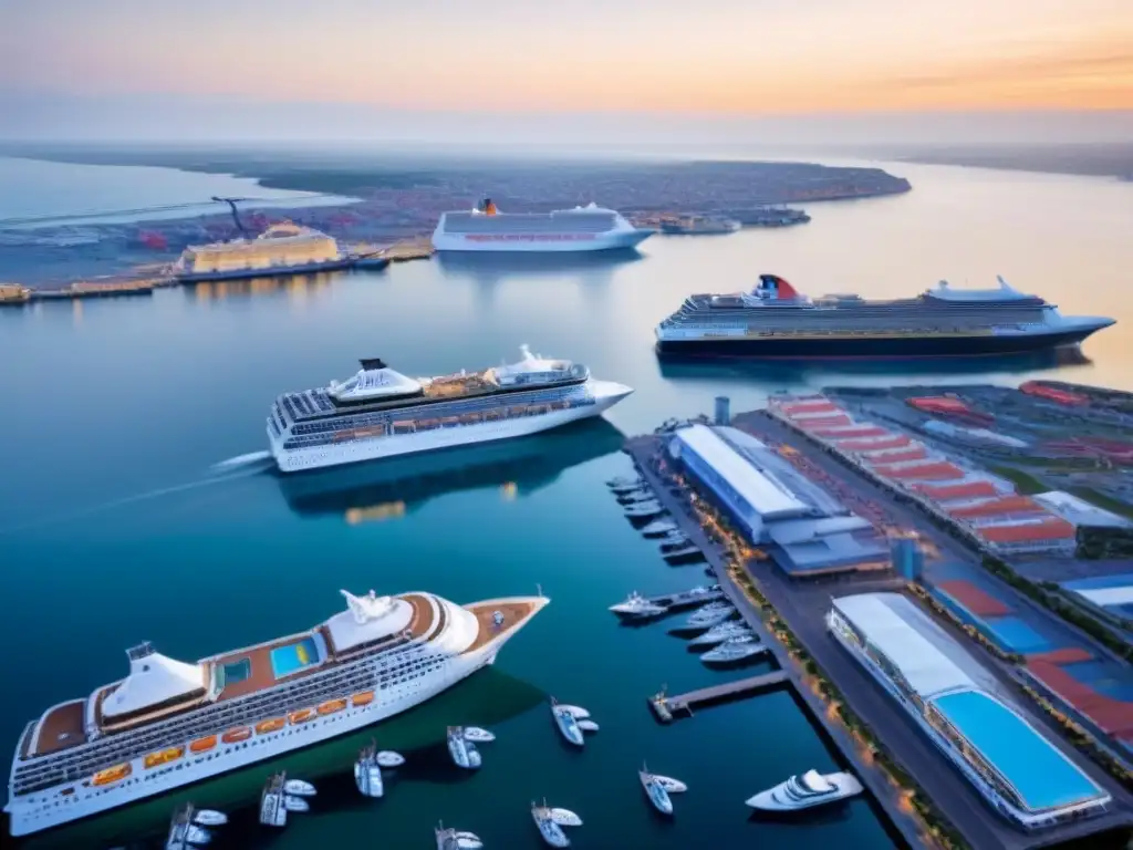 Majestuosos cruceros al amanecer en un puerto bullicioso