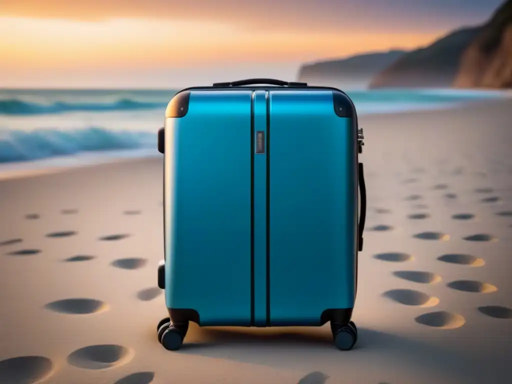 Maleta moderna con candado de huella digital en la playa al atardecer, Consejos para proteger equipaje crucero