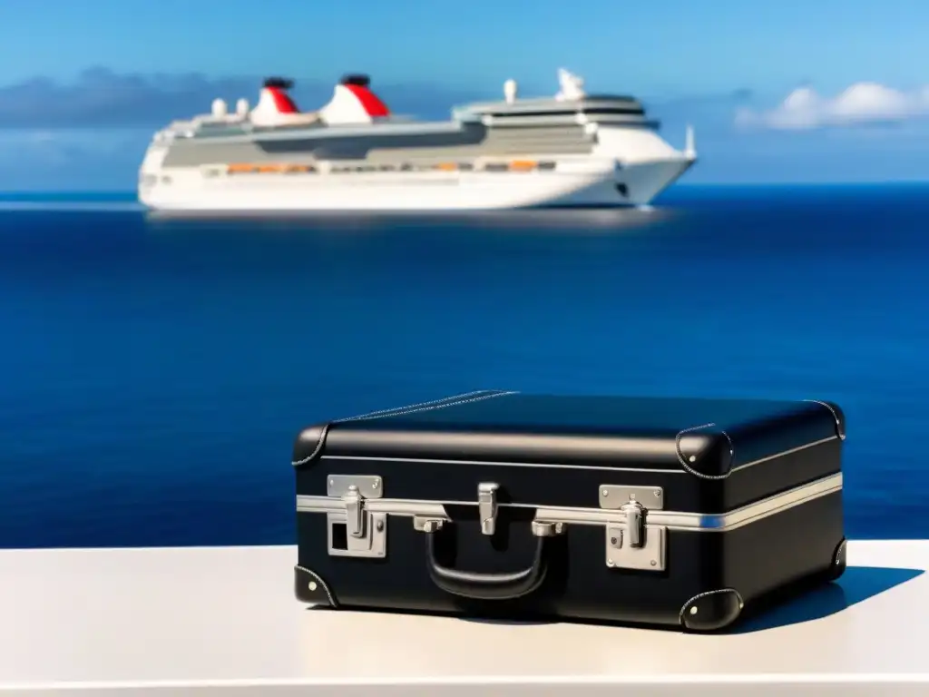 Maleta negra elegante en crucero de lujo con vista al mar azul