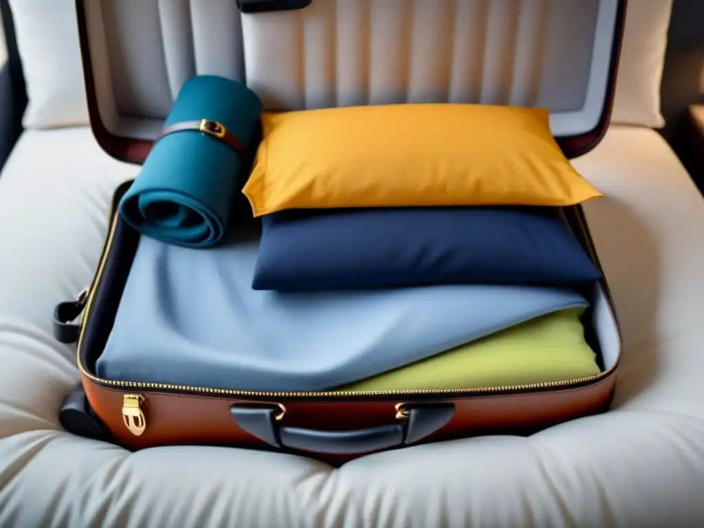 Maleta perfectamente organizada para crucero, con ropa doblada, artículos de aseo compactos y accesorios ingeniosamente guardados, en un estilo minimalista y elegante