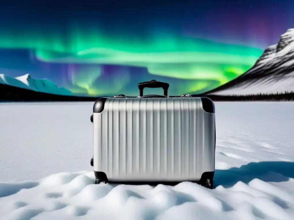 Un maletín plateado elegante con patrones de escarcha, sobre la nieve bajo la aurora boreal en un paisaje polar