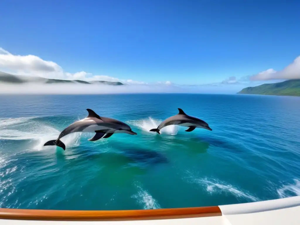 Manada de delfines saltando junto a un crucero en un océano cristalino, iluminado por el sol