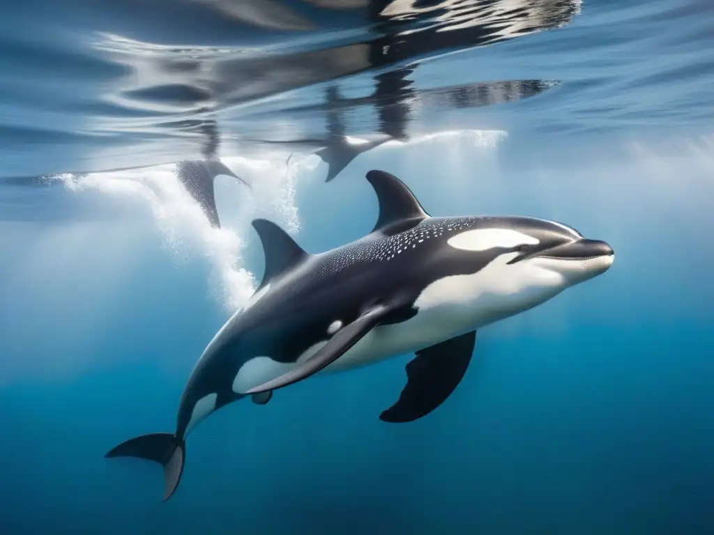 Manada de orcas nadando elegantemente en aguas cristalinas, resaltando la protección de especies marinas en cruceros