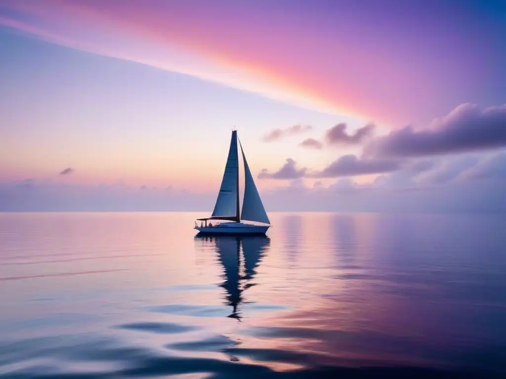 Una mañana serena en el mar, con un velero navegando tranquilamente bajo un cielo pastel