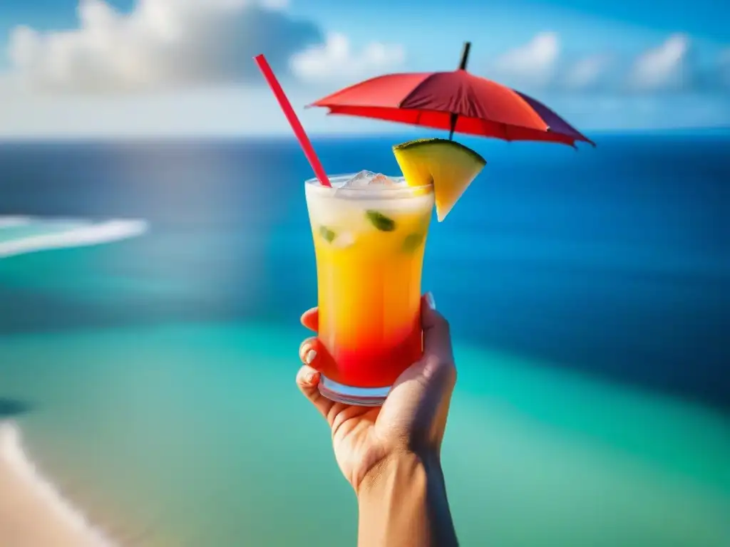 Una mano sostiene una bebida tropical en un vaso alto y helado, con frutas frescas y sombrilla, en un entorno minimalista