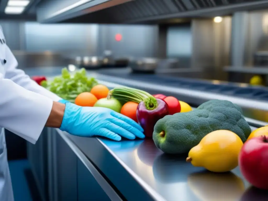 Mano blanca examina frutas y verduras frescas en crucero