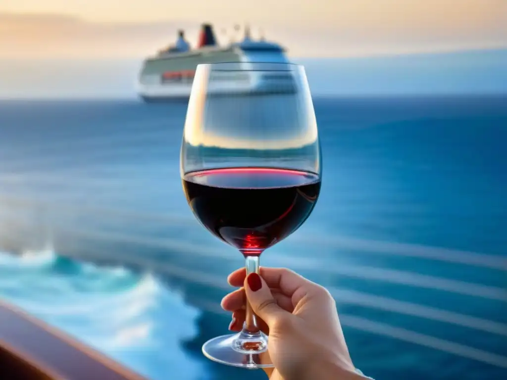 Una mano sostiene una copa de vino tinto frente al mar en un crucero