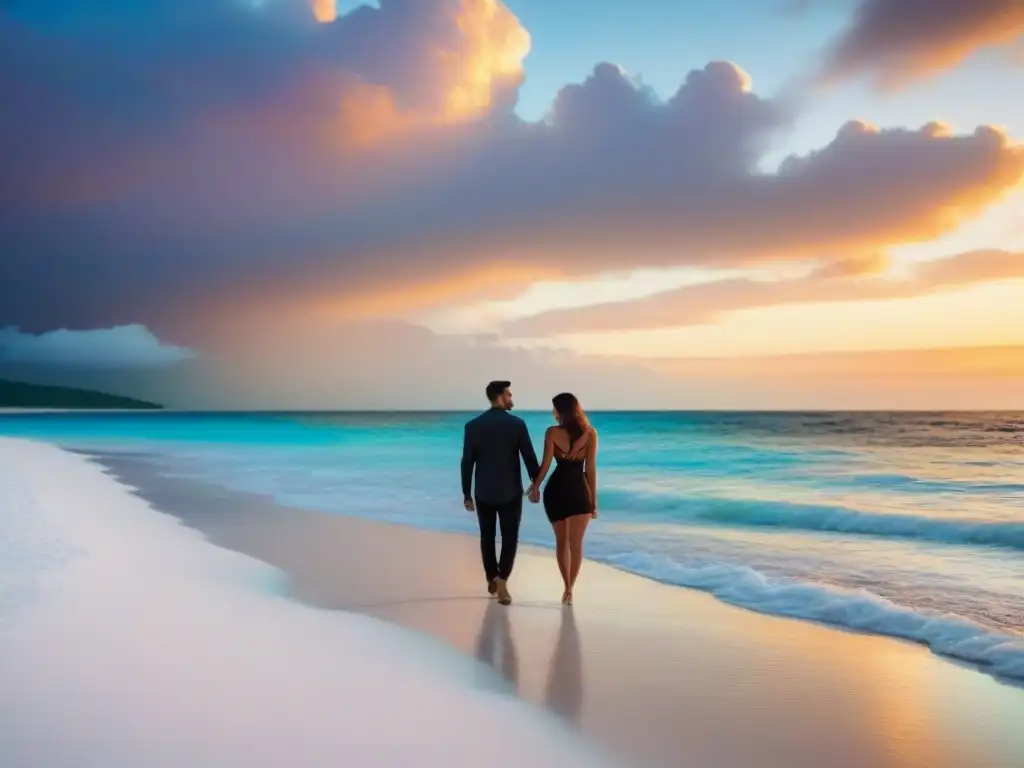 Romántica pareja caminando de la mano en la playa al atardecer, en un retiro de bienestar en cruceros