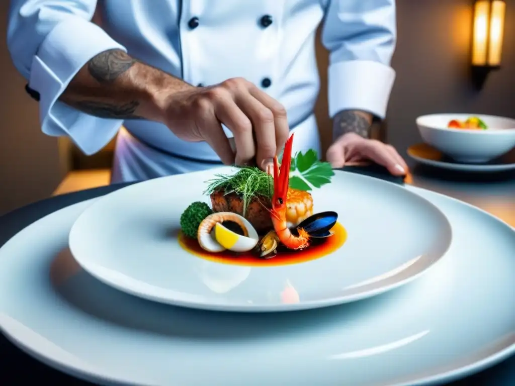 Manos de chef experto plasmando arte culinario en un plato de mariscos