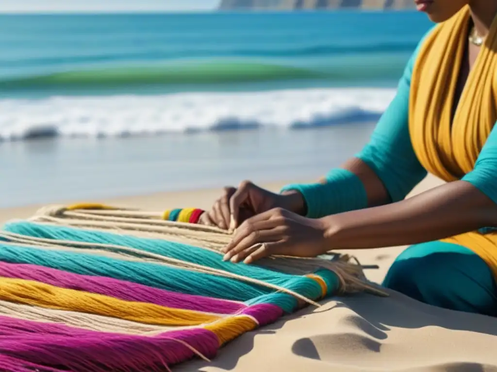 Manos hábiles tejiendo hilos coloridos en diseño textil tradicional, en ambiente costero tranquilo